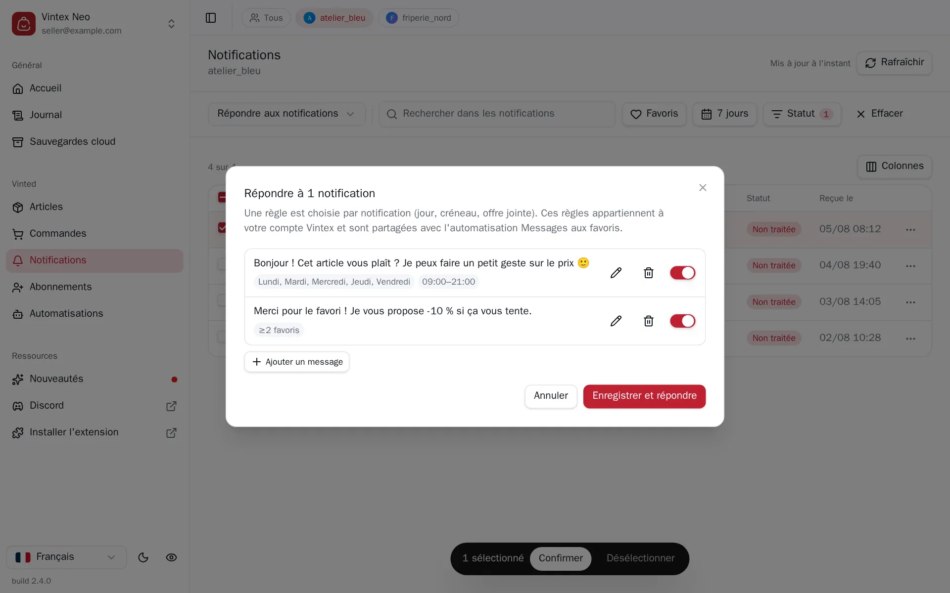 Dialogue de réponse aux favoris
