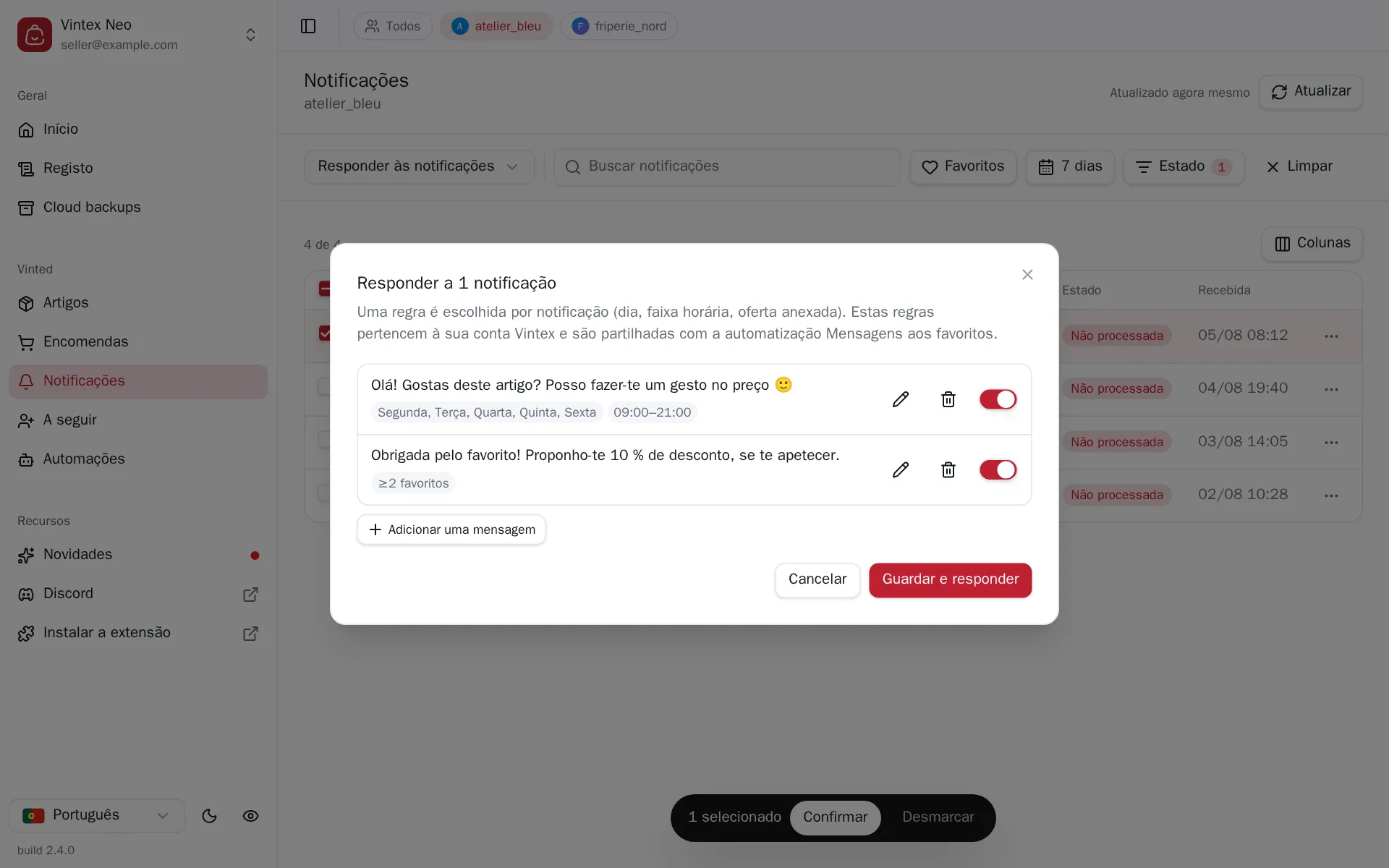 Diálogo de resposta aos favoritos
