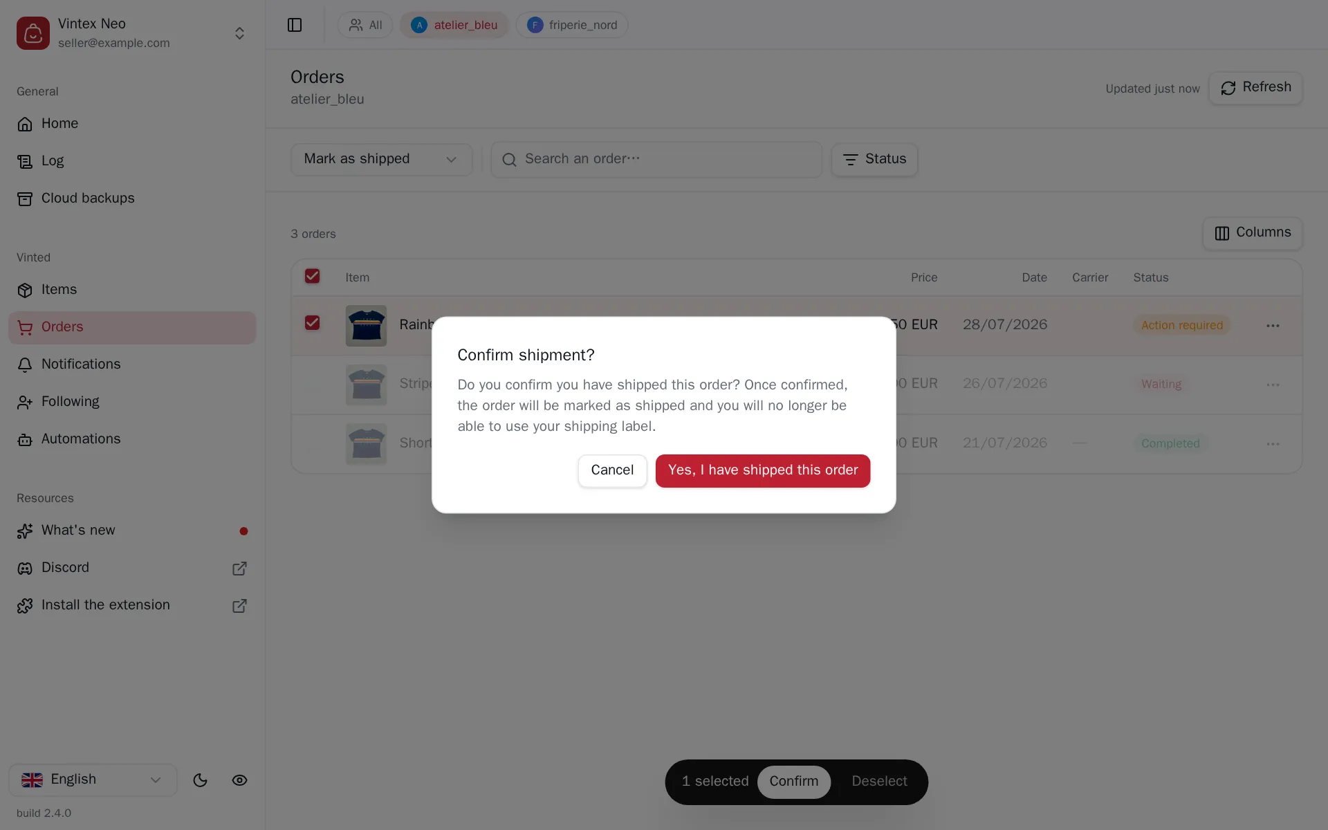 Shipment confirmation