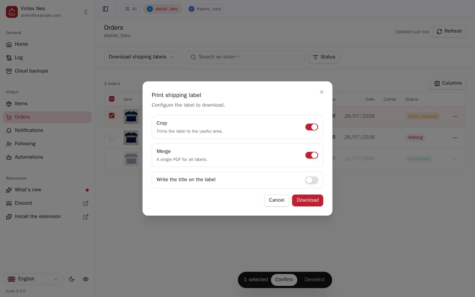 Shipping label dialog with crop and merge options